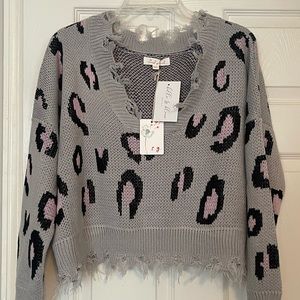 Grey Bella & Bloom Cheetah print off the shoulder sweater